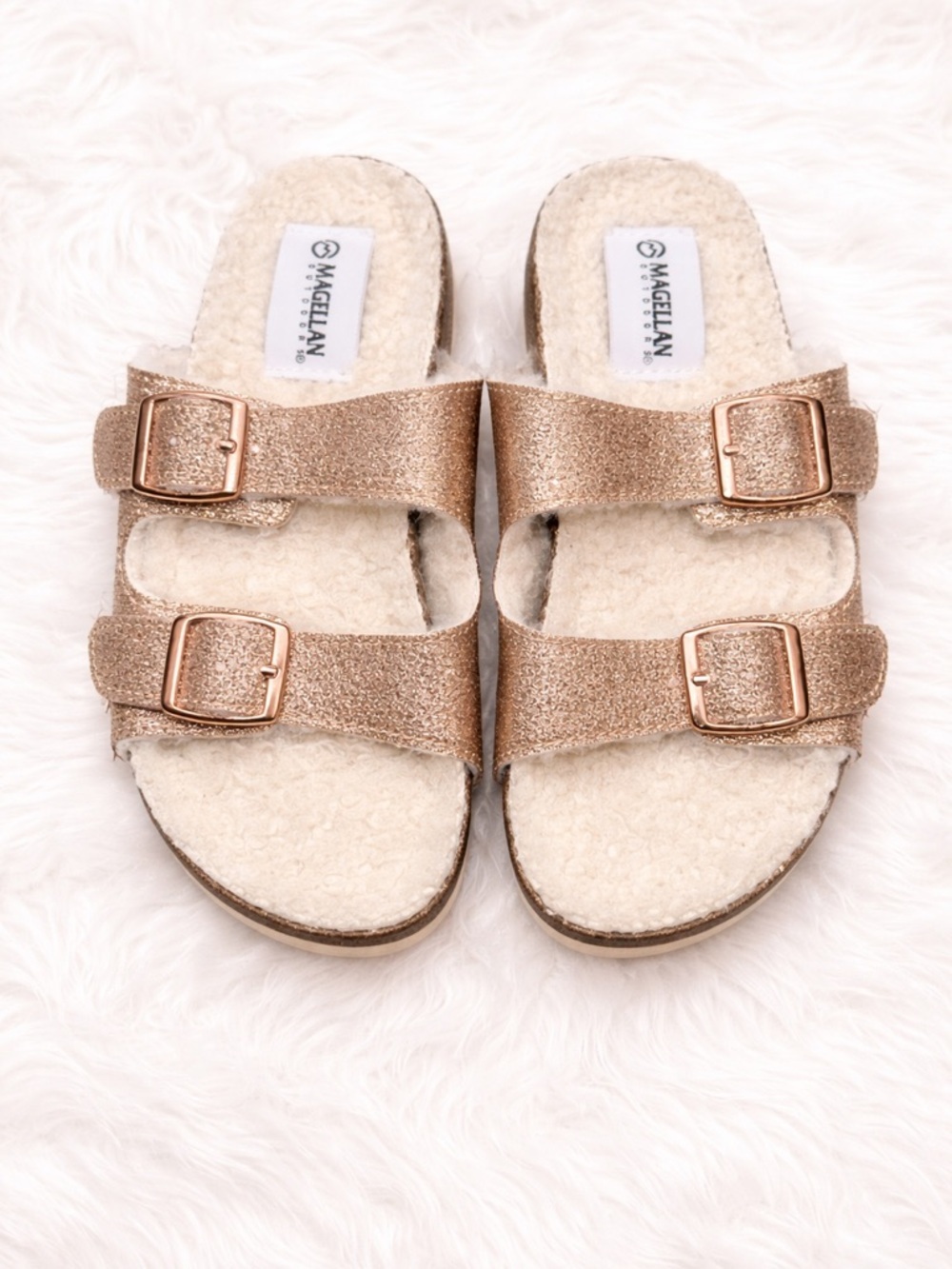 Magellan Outdoors Girls Size 13/1 Rose Gold Glitter Sherpa Slides Cozy Buckle